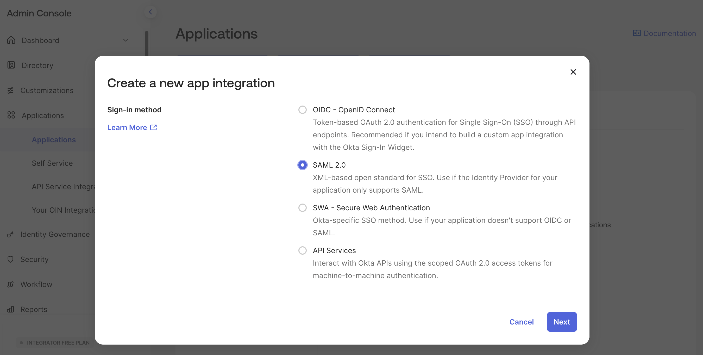 Okta create app integration