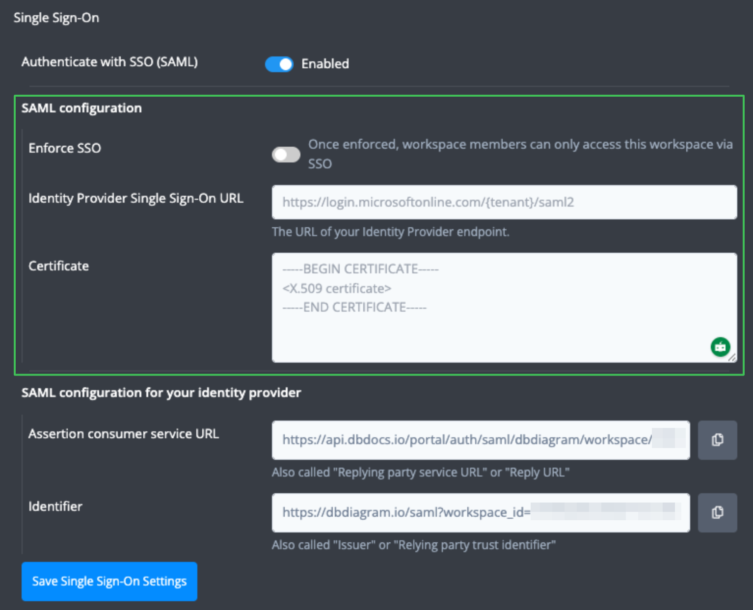 dbdiagram SAML configs